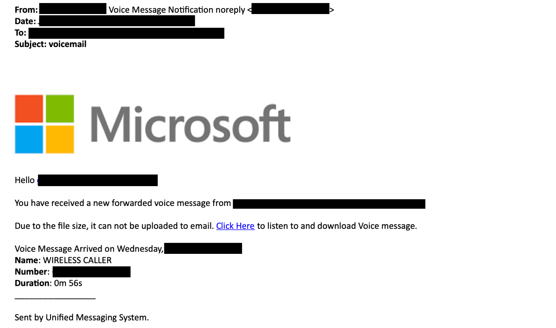 redacted Microsoft phishing email example