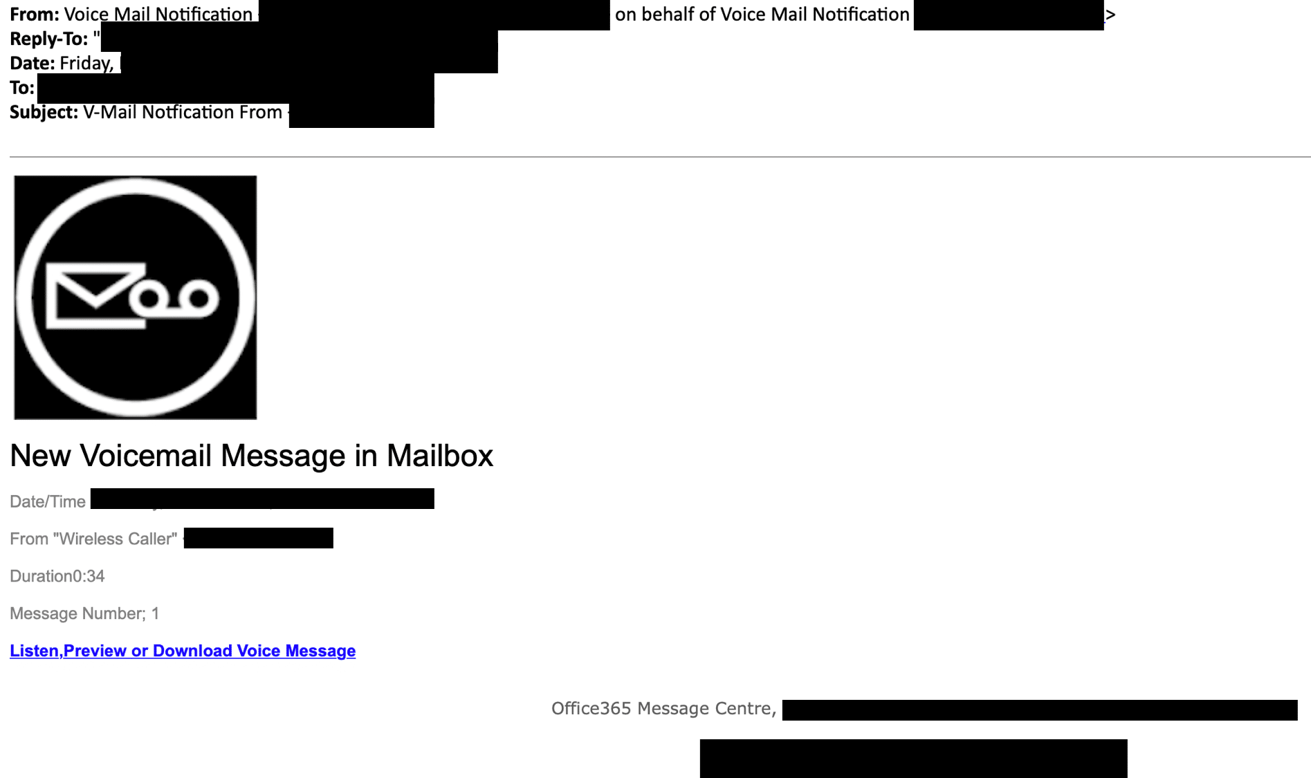 redacted voicemail message phishing email example