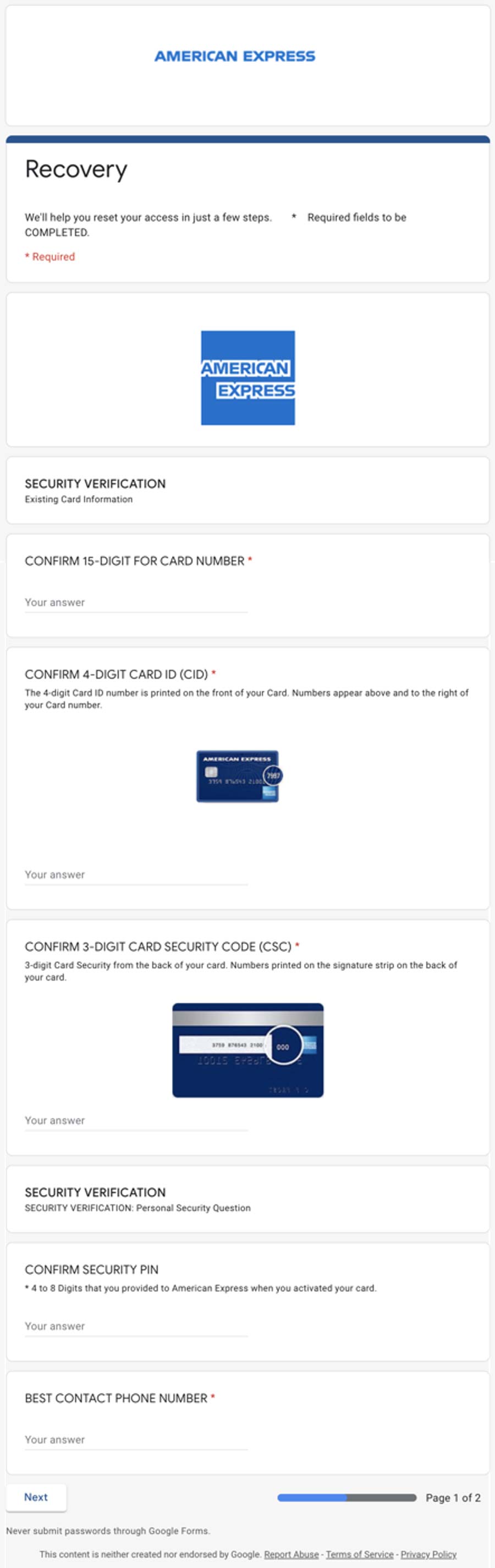 amex impersonation scam google form