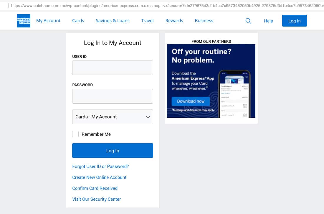 amex fake desktop login screen