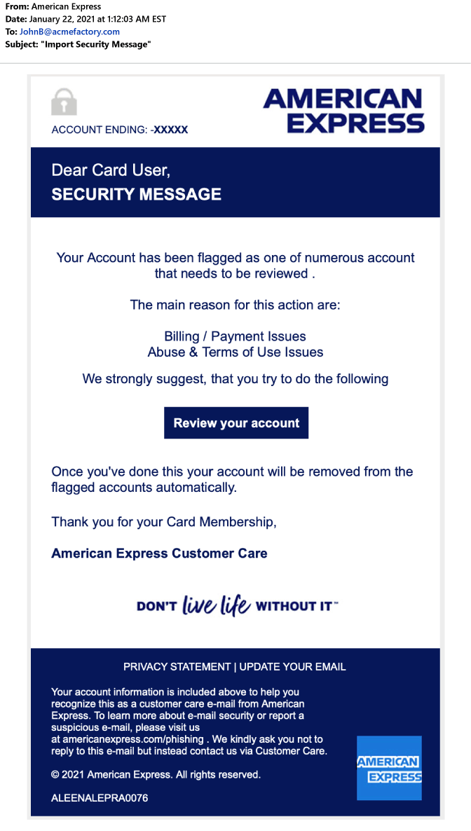 Credential Phishing An American Express Example GreatHorn