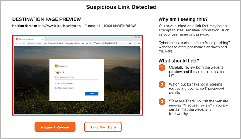 suspicious link warning page